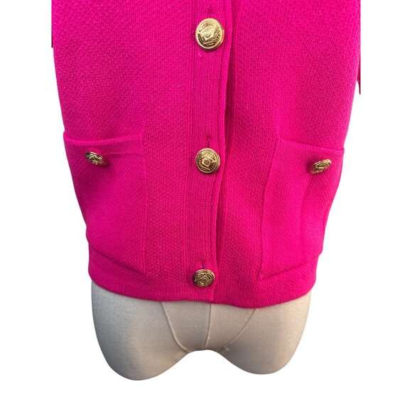 ZARA Bright Pink Short Sleeve Small Knit Cardigan With Gold Buttons & Pockets - Picture 9 of 16